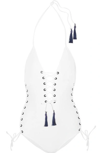 Emma Pake Carlotta Lace-up Halterneck Swimsuit In White