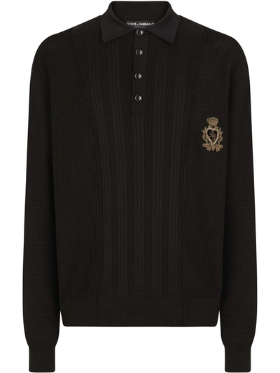 Dolce & Gabbana Silk-cotton Long-sleeved Polo Shirt In Black