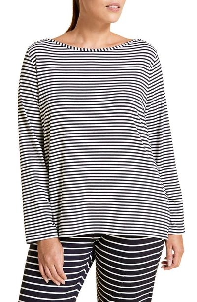 Marina Rinaldi Plus Size Vairone Striped Viscose Jersey T-shirt In Whitenavy