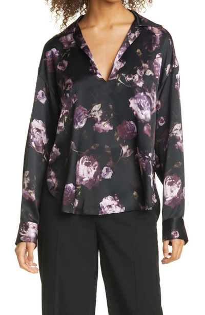 Vince Floral-print Collared Popover Blouse In Black