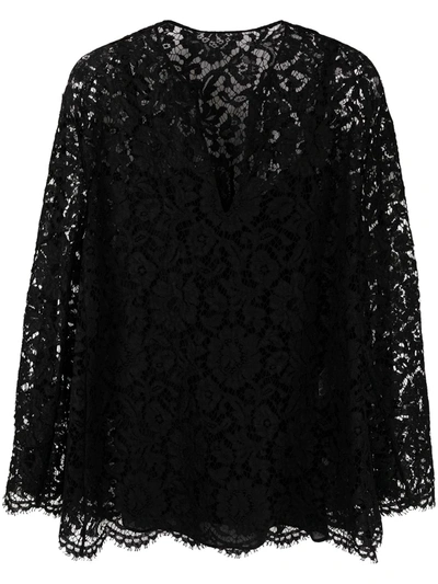Valentino Long-sleeve Lace-overlay Blouse In Black