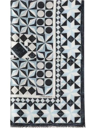 Dolce & Gabbana Geometric-print Frayed-edge Scarf In Blue