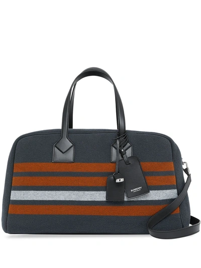 Burberry Leather-trimmed Striped Virgin Wool-twill Holdall In Grey
