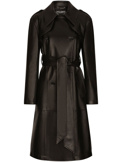 Dolce & Gabbana Belted Leather Coat In Black
