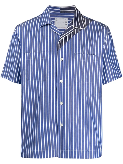 Sacai Patchwork Collar Striped Cotton Poplin Shirt In Blue