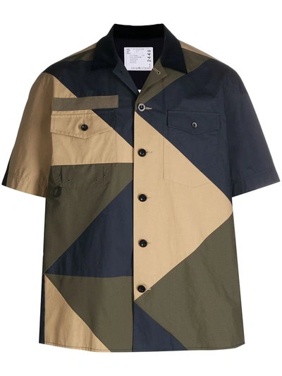 Sacai Geometric Patchwork Patch Pocket Shirt In Brown