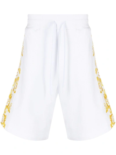 Versace Jeans Couture Cotton Bermuda Shorts With Side Bands With Baroque Motif In White