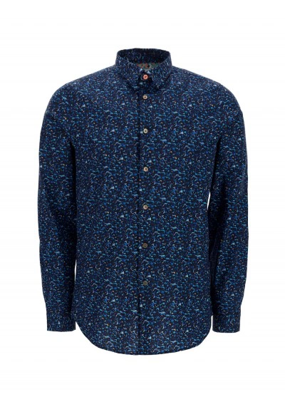 Paul Smith Patterned Stretch Cotton Shirt In Blue In Dark Blue