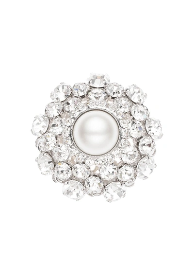 Alessandra Rich Round Crystal Brooch W/ Faux Pearl In Silver