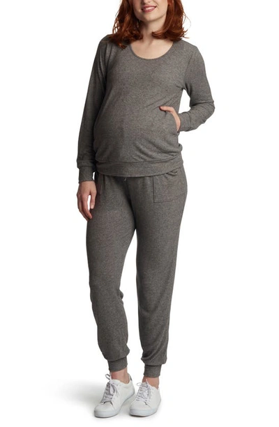 Everly Grey Maternity Whitney 2-piece /nursing Top & Trouser Set In Charcoal