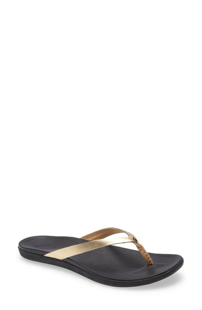 Olukai Ho Opio Leather Flip Flop In Gold/ Black Leather