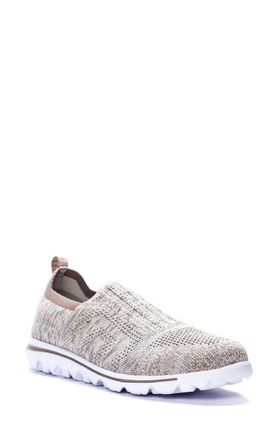 Propét Travelactiv Stretch Slip-on Sneaker In Taupe Fabric