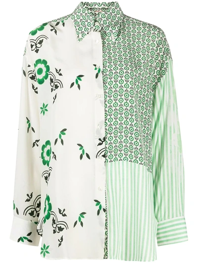 Ermanno Scervino White And Green Oversize Shirt With Striped Patchwork And Flowers