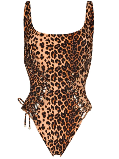 Agent Provocateur Marney Lace-up Leopard-print Swimsuit In Neutrals
