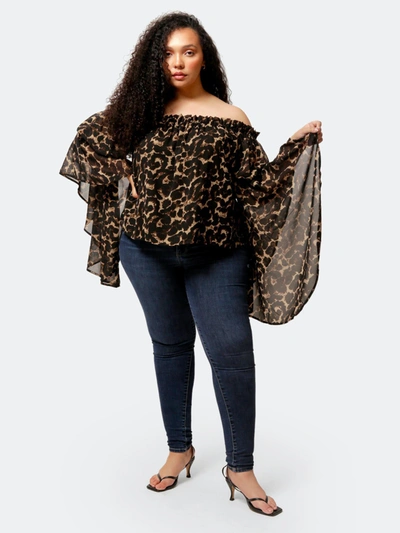 Luvmemore Leopard Print Brittney Off The Shoulder Bell Sleeve Top In Brown