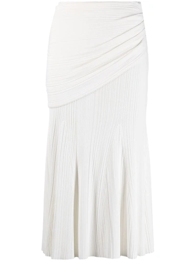 Herve Leger Drape Detail Ribbed Midi Skirt In White