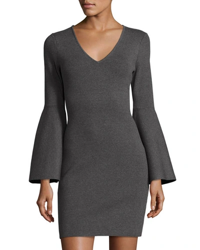 Milly V-neck Bell-sleeve Stretch-knit Minidress In Charcoal