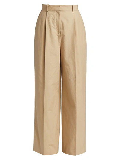 Loewe Pleated Wide-leg High-rise Cotton Trousers In Beige