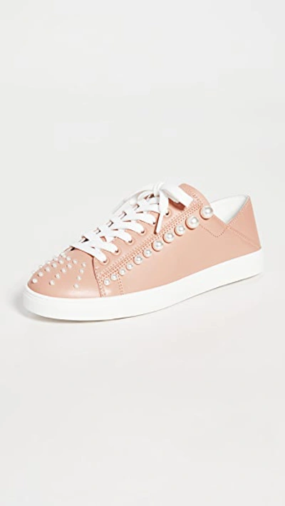 Stuart Weitzman Goldie Faux Pearl-embellished Leather Collapsible-heel Sneakers In Poudre