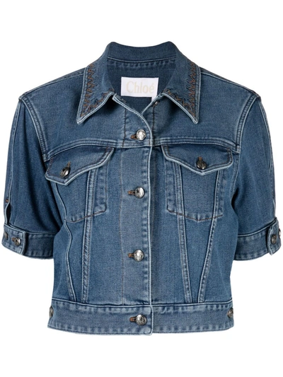 Chloé Embroidered Detail Cropped Denim Jacket In Moonlight Blue