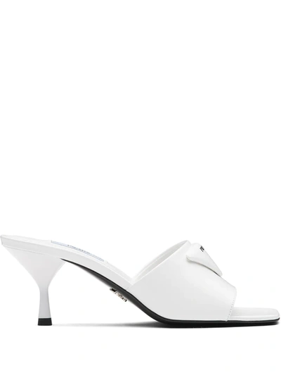 Prada Logo Triangle Kitten-heel Sandals In White