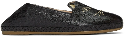 Charlotte Olympia Kitty Embroidered Textured-leather Collapsible-heel Espadrilles In Black