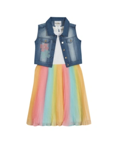 Rare Editions Kids' Little Girls Ombre Pleated Dress With Denim Vest