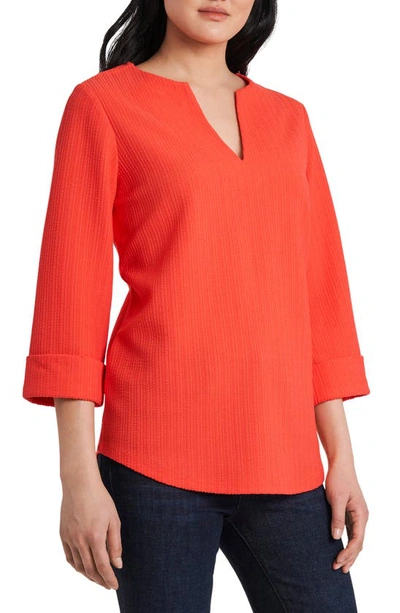 Vince Camuto Petite 3/4-sleeve Textured Knit Split Neck Top In Coral Blaze