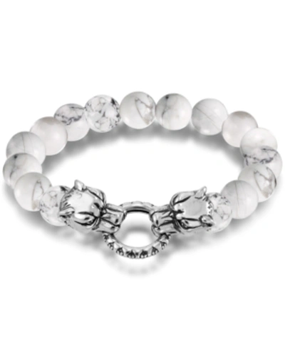Andrew Charles By Andy Hilfiger Men's Tiger's Eye Bead Wolf Head Stretch Bracelet In Stainless Steel In White Agate
