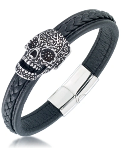 Andrew Charles By Andy Hilfiger Men's Ornamental Skull Leather Bracelet In Stainless Steel