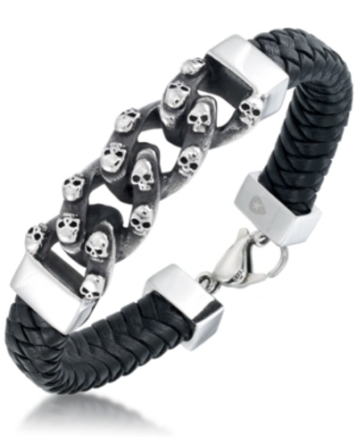 Andrew Charles By Andy Hilfiger Men's Skull Link Leather Bracelet In Stainless Steel