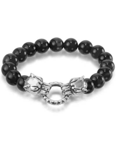 Andrew Charles By Andy Hilfiger Men's Tiger's Eye Bead Wolf Head Stretch Bracelet In Stainless Steel In Onyx