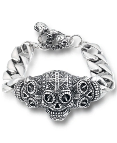 Andrew Charles By Andy Hilfiger Men's Ornamental Skull Curb Link Bracelet In Stainless Steel