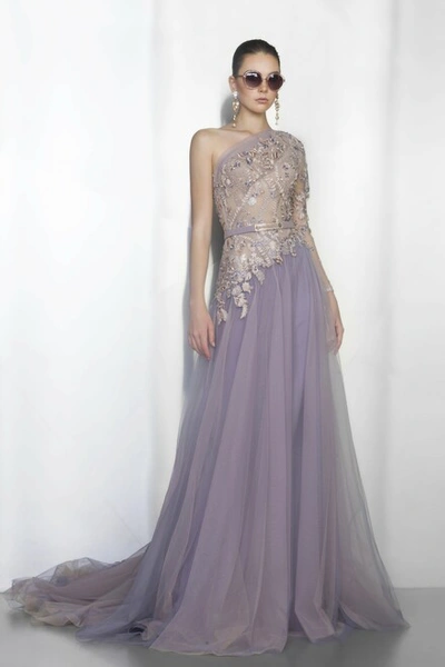 Ziad Nakad One Sleeve Embroidered Tulle Gown