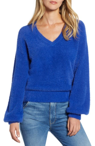 Halogenr Halogen Fuzzy V-neck Sweater In Blue Mazarine