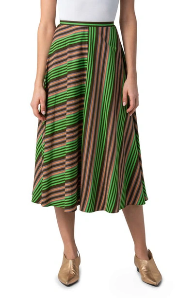 Akris Punto Patchwork Stripe Midi Skirt In Teak-green-multi