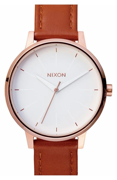 Nixon 'the Kensington' Leather Strap Watch, 37mm In Brown/ Rose Gold/ White