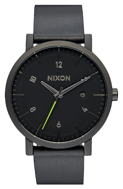 Nixon 'rollo' Leather Strap Watch, 42mm In Black
