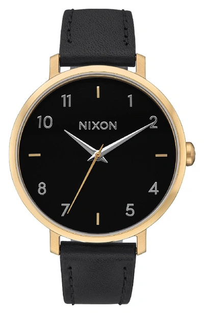 Nixon The Arrow Leather Strap Watch, 38mm In Gold / Black