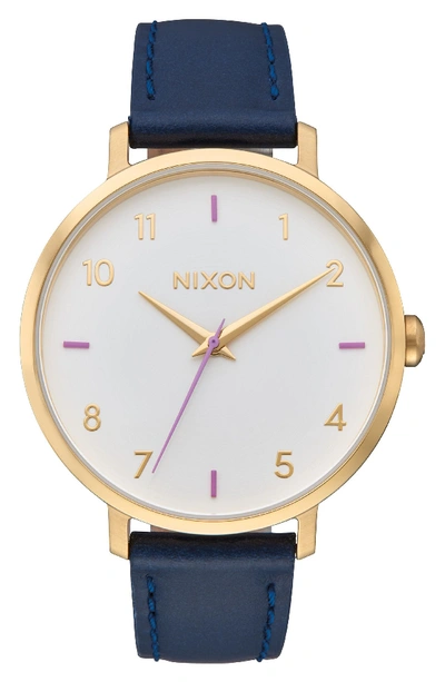 Nixon The Arrow Leather Strap Watch, 38mm In Navy/ White/ Gold