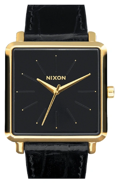 Nixon 'the K Squared' Leather Strap Watch, 32mm X 30mm In Black/ Gold