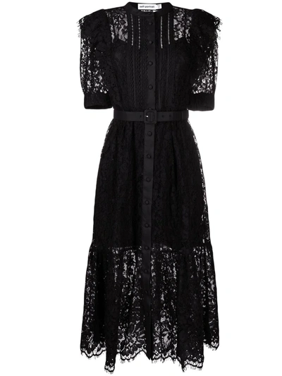 Self-portrait Short-sleeve Floral-lace Midi Dress In Black