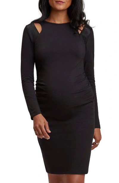 Stowaway Collection Lexi Cutout Detail Long Sleeve Cotton Maternity Dress In Black