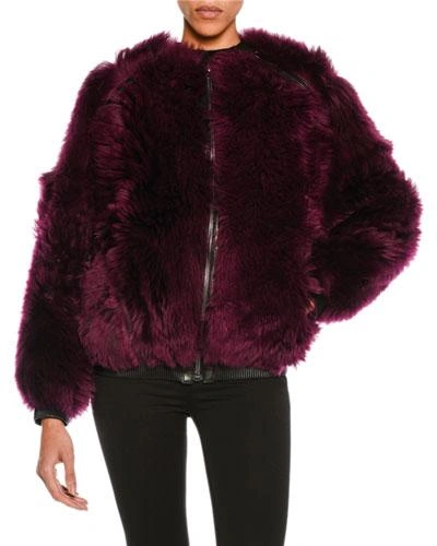 Tom Ford Shaggy Shearling Oversized Zip Bomber Jacket In Wine