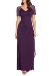 Xscape Beaded Sleeve Ruched Column Gown In Plum Purple