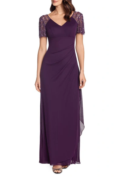 Xscape Beaded Sleeve Ruched Column Gown In Plum Purple