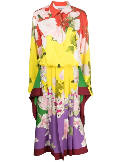 Valentino Pleated Floral-print Silk-blend Twill Midi Dress In Multi