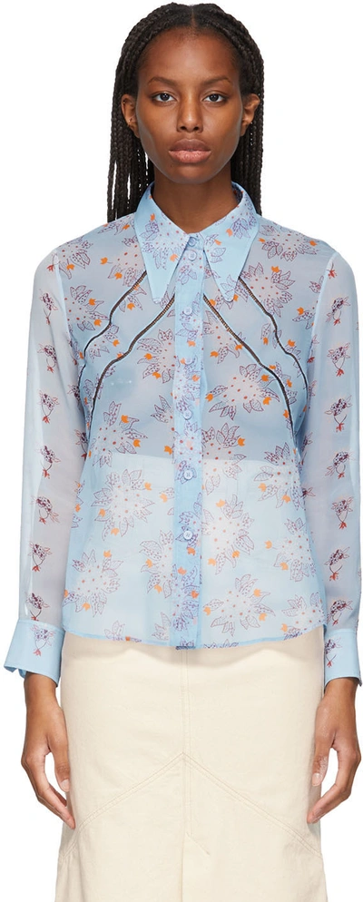 Chloé Perforated Floral Print Sheer Blouse In Light Blue