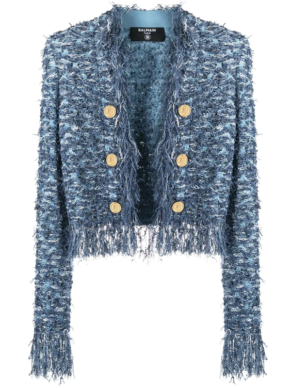 Balmain Button-embellished Fringed Tweed Blazer In 6ff Bleu Je | ModeSens