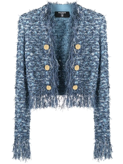 Balmain Button-embellished Fringed Tweed Blazer In Blue